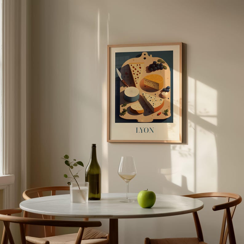 a dining table with a white tablecloth, a green bottle, a wine glass, and a green apple. Above the table, there is a framed picture of cheese and grapes.