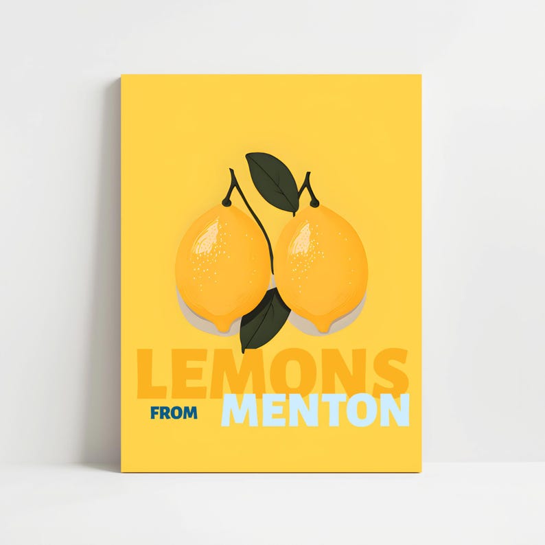 two lemons with green leaves, and the text "LEMONS FROM MENTON" is displayed below the lemons.
