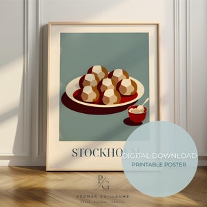 Arte alimentar Köttbullar (almôndegas suecas) - Impressão de Estocolmo - Pôster de cozinha sueca - download digital