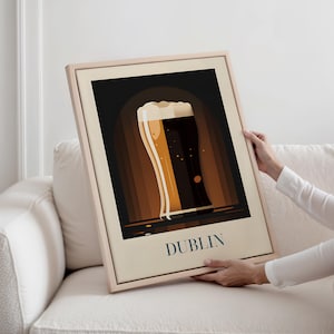 May include: A vintage-style poster with a glass of beer and the word "DUBLIN" printed in white on a beige background.