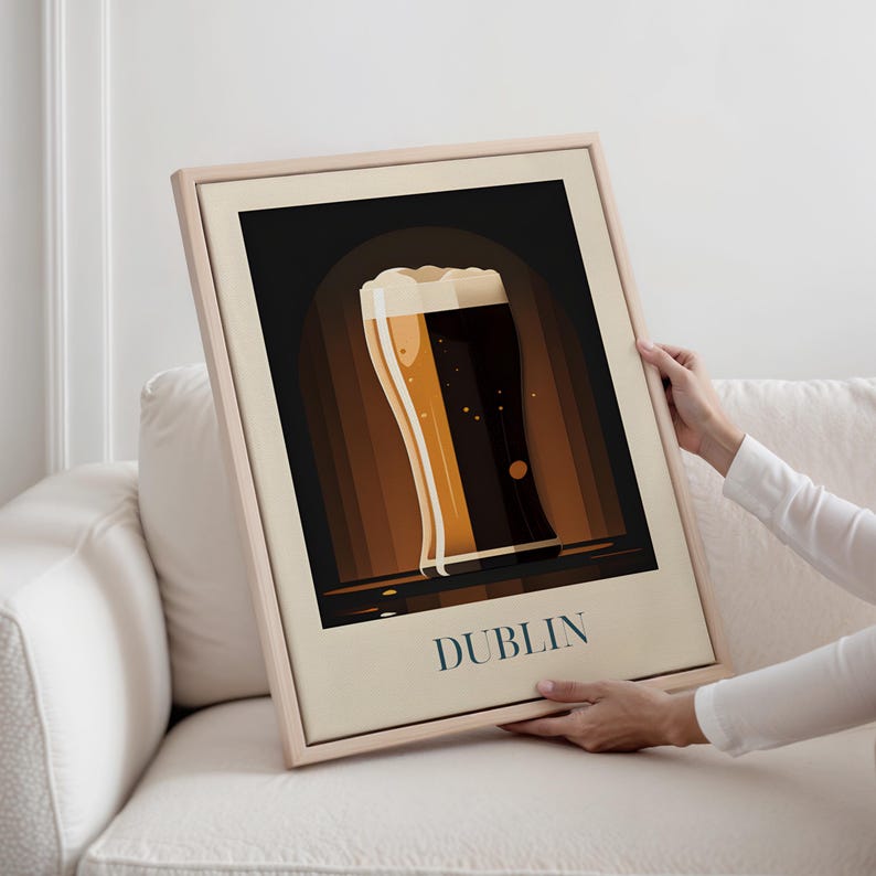 May include: A vintage-style poster with a glass of beer and the word "DUBLIN" printed in white on a beige background.
