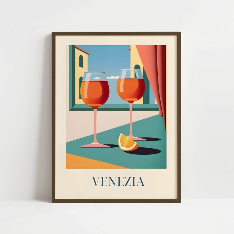 The image is a framed poster depicting two wine glasses filled with orange wine, with a slice of orange on the table, set against a colorful background.