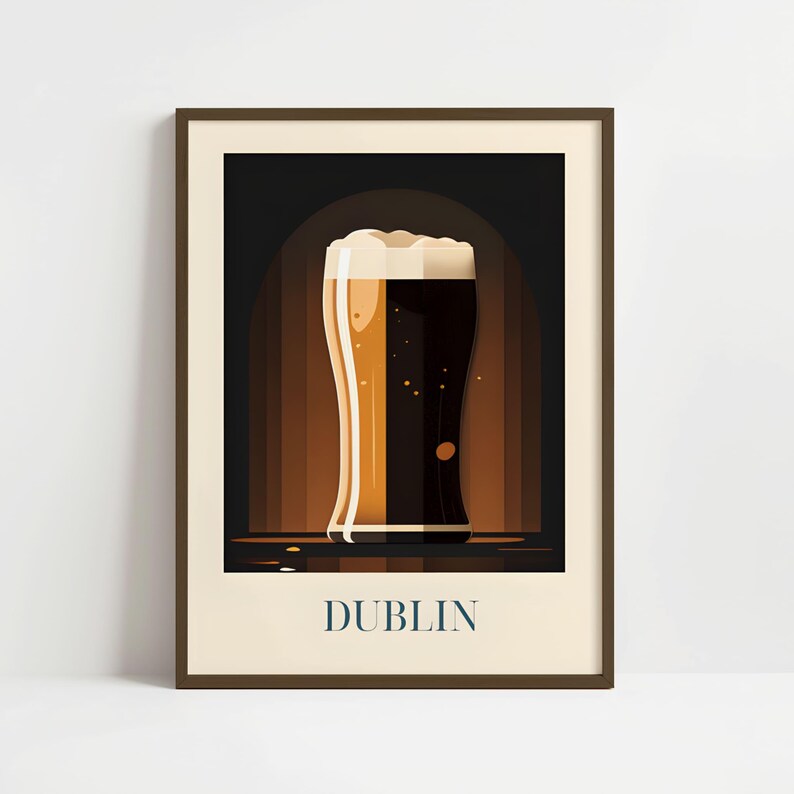 The image is a framed poster depicting a glass of beer with a dark background, likely representing the city of Dublin.