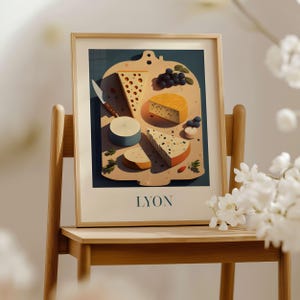 A framed illustration of various cheeses and fruits on a wooden board, with the word "LYON" written below the image.