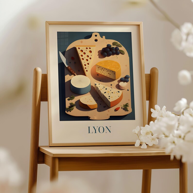 A framed illustration of various cheeses and fruits on a wooden board, with the word "LYON" written below the image.