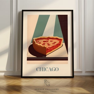 Deep dish pizza poster, Chicago style pizza art, artsy kitchen poster american food, Poster only or framed