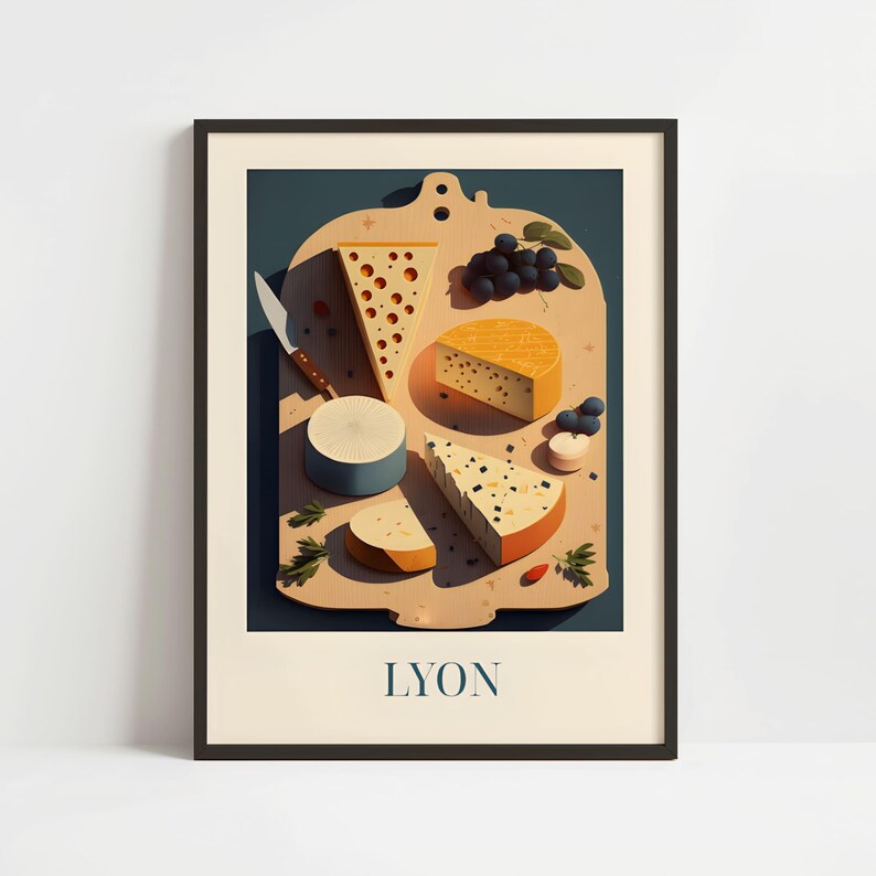 The image is a framed illustration of various cheeses and fruits arranged on a wooden board, with the word "LYON" written below the frame.