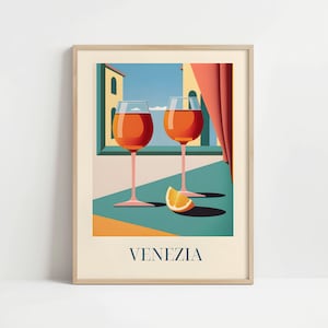 The image is a framed poster depicting two wine glasses filled with orange wine, with a slice of orange on the table, set against a colorful background.