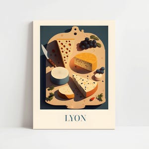 The image is a poster featuring an illustration of various types of cheese and grapes arranged on a wooden board.
