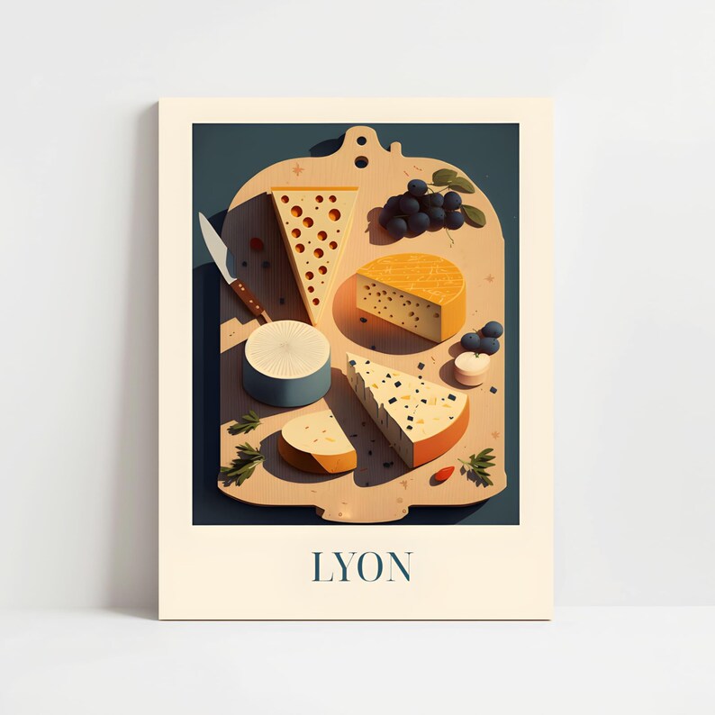 The image is a poster featuring an illustration of various types of cheese and grapes arranged on a wooden board.