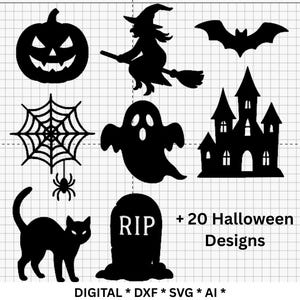 Può includere: Design digitali neri a tema Halloween, tra cui una zucca intagliata, una strega su una scopa, un pipistrello, una ragnatela con ragno, un fantasma, una casa infestata, un gatto nero e una lapide con la scritta "RIP".