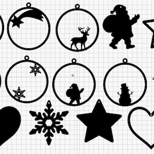 May include: A collection of black Christmas ornaments and shapes. The ornaments include circles with various designs, such as hearts, stars, a reindeer, and Santa Claus. Other shapes include a snowflake, a star, and a heart.