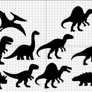 May include: Black dinosaur silhouettes of various species, including a T-Rex, Brontosaurus, and Pterodactyl, are arranged on a grid background. The collection features detailed outlines of prehistoric creatures, suitable for educational or decorative purposes.