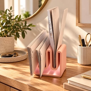 Könnte beinhalten: Ein hellrosa Schreibtisch-Organizer mit gewelltem Design und mehreren Fächern, in dem mehrere weiße Umschläge und Dokumente aufbewahrt werden. Der Organizer besteht aus einem festen Material mit glatten, abgerundeten Kanten.