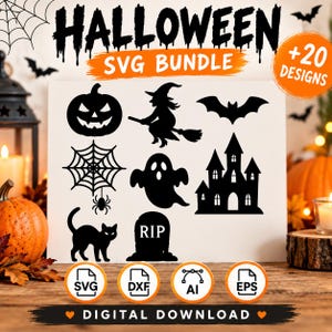 Può includere: Un pacchetto SVG di Halloween con 20 design digitali tra cui una zucca, una strega su una scopa, un pipistrello, una ragnatela, un fantasma, una casa stregata, un gatto e una lapide con il testo RIP. Include icone formato file.
