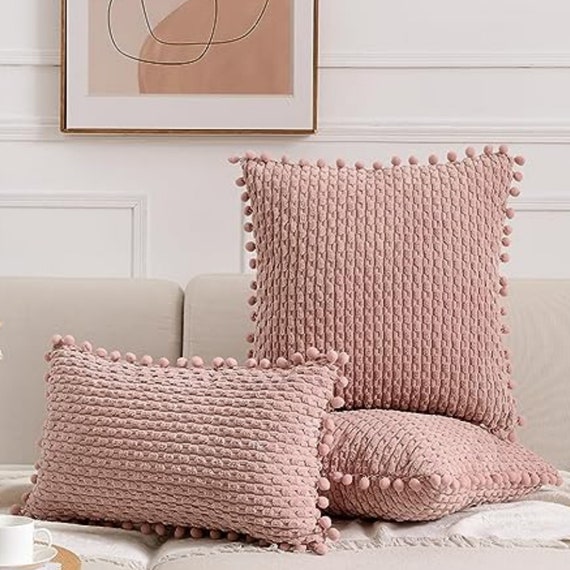 Pack of 2 Boho Pink Decorative Throw Pillow Covers 18x18 Inch With Pom-poms  for Couch Bed Sofa, Modern Farmhouse Home Decor, Soft Plush 