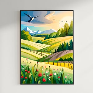 Spring Fields: Digital Print of Swallows in Flight