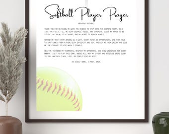 May include: Framed print with the "Softball Player Prayer" text and a cross graphic. The text is in black script, with a yellow softball graphic. The print is in a black frame, suitable for a sports-themed room.