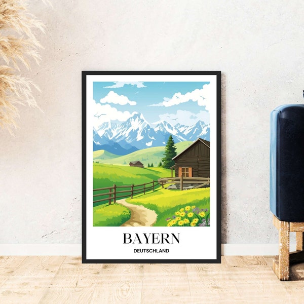 Bavière Affiche de voyage Allemagne Alm Mountains Nature Randonnée Téléchargement numérique Auto-expression Cadeau Coloré Illustration de vacances imprimable Wallart