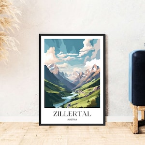 Zillertal travel poster Austria mountain skiing hiking digital download self-print gift winter holiday illustration printable wallart