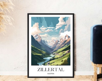 Zillertal travel poster Austria mountain skiing hiking digital download self-print gift winter holiday illustration printable wallart