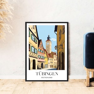 Cartel de viaje del casco antiguo de Tübingen Alemania Turismo Descarga digital Autoimpresión Regalo Ilustración de vacaciones en color Imprimible Wallart
