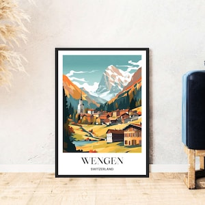 Wengen travel poster Switzerland mountains skiing hiking digital download self-print gift winter holiday poster printable wallart