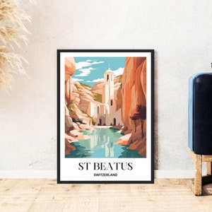 St Beatus Cave travel poster Switzerland mountains nature hiking digital download self-print gift winter holiday poster printable wall art