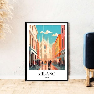 Può includere: Un'illustrazione colorata di una scena di strada a Milano, Italia. L'immagine presenta un alto edificio della chiesa con un tetto a punta e un grande quadrante dell'orologio. Le persone camminano per strada e ci sono negozi e caffè su entrambi i lati. Il testo "MILANO" e "ITALIA" è in fondo all'immagine.
