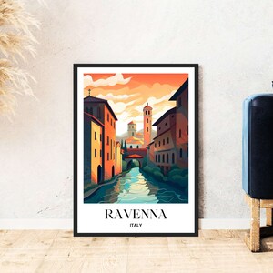 May include: A colourful illustration of a canal in Ravenna, Italy. The canal is lined with buildings and a bridge. The sky is orange and pink, and the water is blue. The text "RAVENNA ITALY" is at the bottom of the image.