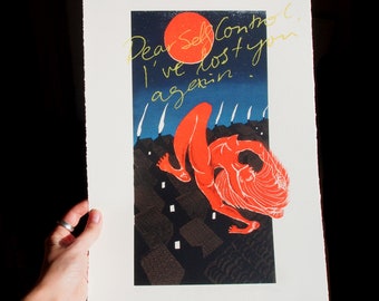 Dear Self Control - hand-made screenprint with bold neon red dancer in moonlight