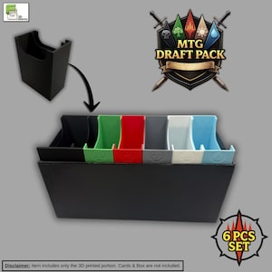 May include: A black 3D-printed card organizer with six colored dividers for a MTG Draft Pack. The dividers are green, red, gray, white, and blue. The set includes a separate black card holder. The image also shows the text "MTG DRAFT PACK" and "6 PCS SET".