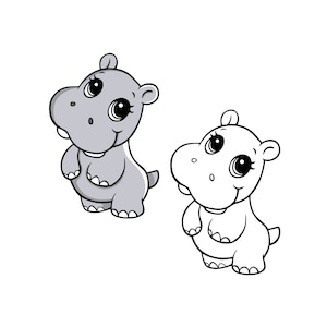Hippopotame SVG hippopotame mignon contour coupe fichier Cricut Silhouette Jungle Safari Zoo Animal clipart PNG bébé enfants gravure Laser timbre numérique