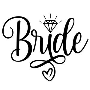 Pu&ograve; includere: Calligrafia in bianco e nero della parola "Bride" con un anello di diamanti sopra la parola e un cuore sotto la parola.