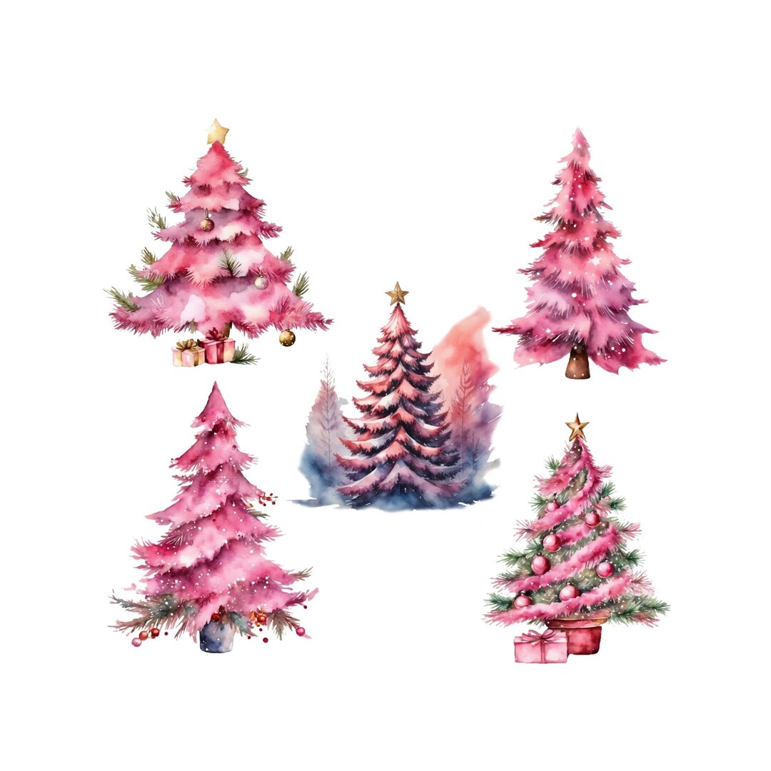 Watercolor Pink Christmas Tree Clipart Bundle Sublimation Designs ...