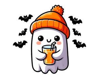 May include: A cute cartoon ghost wearing an orange knit hat and holding a glass of orange juice. The ghost is surrounded by black bats.
