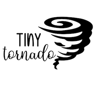 Pode incluir: Design gráfico preto e branco de um tornado com o texto "TINY tornado" abaixo.