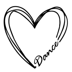 Könnte beinhalten: Eine Schwarzweißillustration eines Herzens mit dem Wort "Dance!" darin.