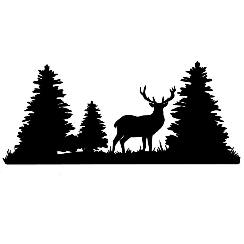 May include: A black silhouette of a deer with large antlers standing in a grassy area, framed by three evergreen trees. The image is set against a white background, creating a stark contrast.