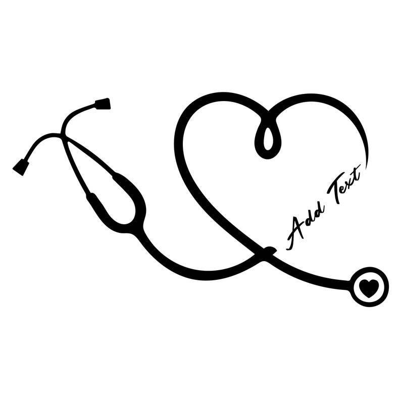 Pu&ograve; includere: Illustrazione in bianco e nero di uno stetoscopio a forma di cuore con il testo "Aggiungi testo" all'interno del cuore.