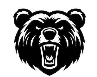 May include: A black and white illustration of a bear's head with an open mouth, baring its teeth. The bear has a fierce expression, with detailed fur and a prominent snout. The image is a graphic design, suitable for various applications.