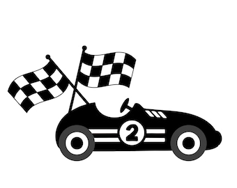 May include: Black and white illustration of a vintage race car with two checkered flags. The car has the number 2 on the side and white stripes. The wheels are gray.