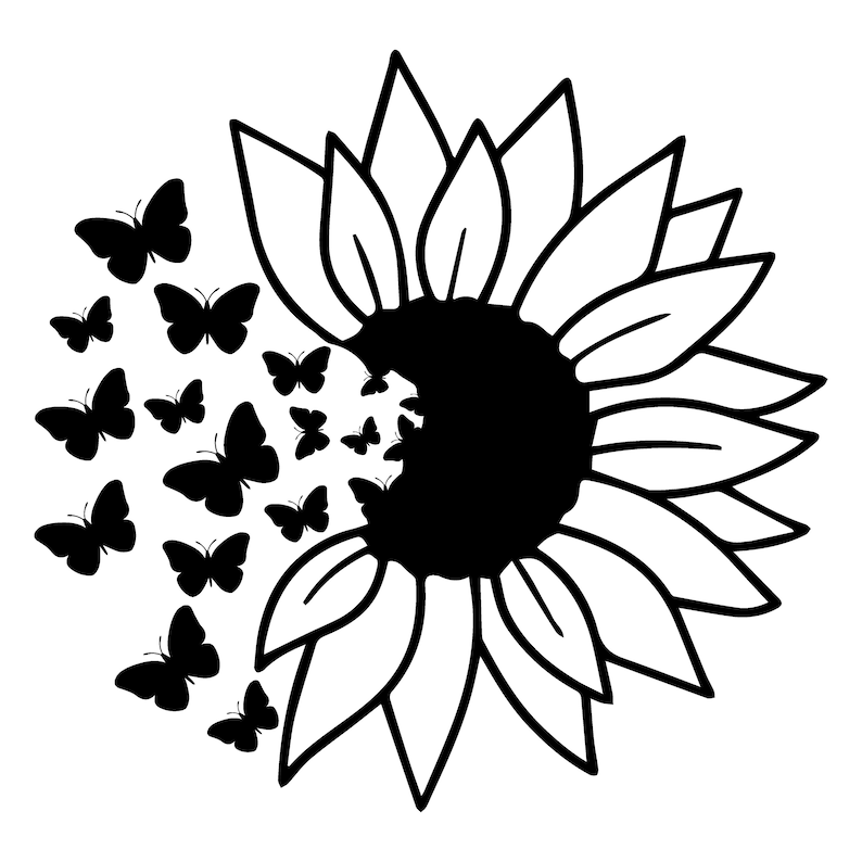 K&ouml;nnte beinhalten: Schwarzwei&szlig;-Illustration einer Sonnenblume mit Schmetterlingen, die um sie herum fliegen.