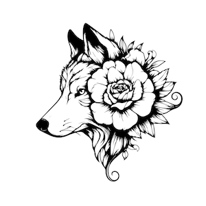Wolf With Flowers Svg, Wolf Svg, Wolf Flower Svg, Wolf Head Svg, Wolf Clipart, Wolf Cricut, Wolf Cut file, Wolf Shirt, Wolf Face SVG PNG jpg