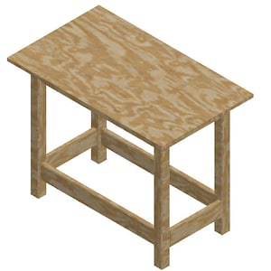 May include: A simple wooden table with a plywood top and a rectangular frame. The table has a light brown finish and is made of unfinished wood.