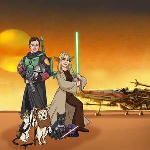 Portrait personnalisé de Star Wars, portrait Jedi personnalisé, portrait à partir d'une photo, portrait de dessin animé, cadeau Jedi pour couple, anniversaire de mariage, cadeau de fête des mères