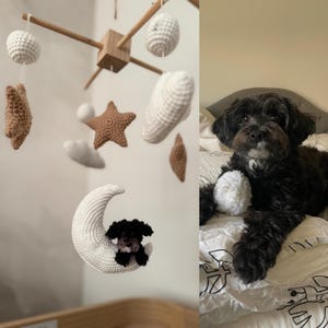 以下が含まれることがあります： 三日月、星、雲の形をした白い毛糸のモビール。三日月の部分に小さな黒い犬が座っています。モビールは木製のフレームから吊り下げられています。