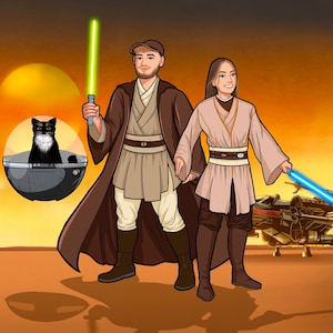 Star Wars Inspired Family Portrait, Personalized Star Wars Portrait, Turn Me Into Jedi, Portrait From Photo, Cartoon Portrait