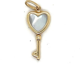 White Sapphire Dainty Necklace Charm 14K Yellow Gold Heart Key Pendant For Her