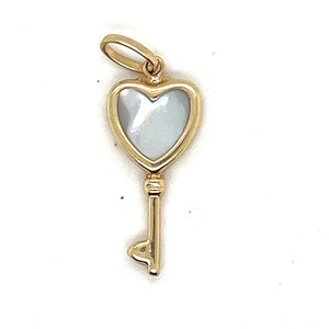 White Sapphire Dainty Necklace Charm 14K Yellow Gold Heart Key Pendant For Her